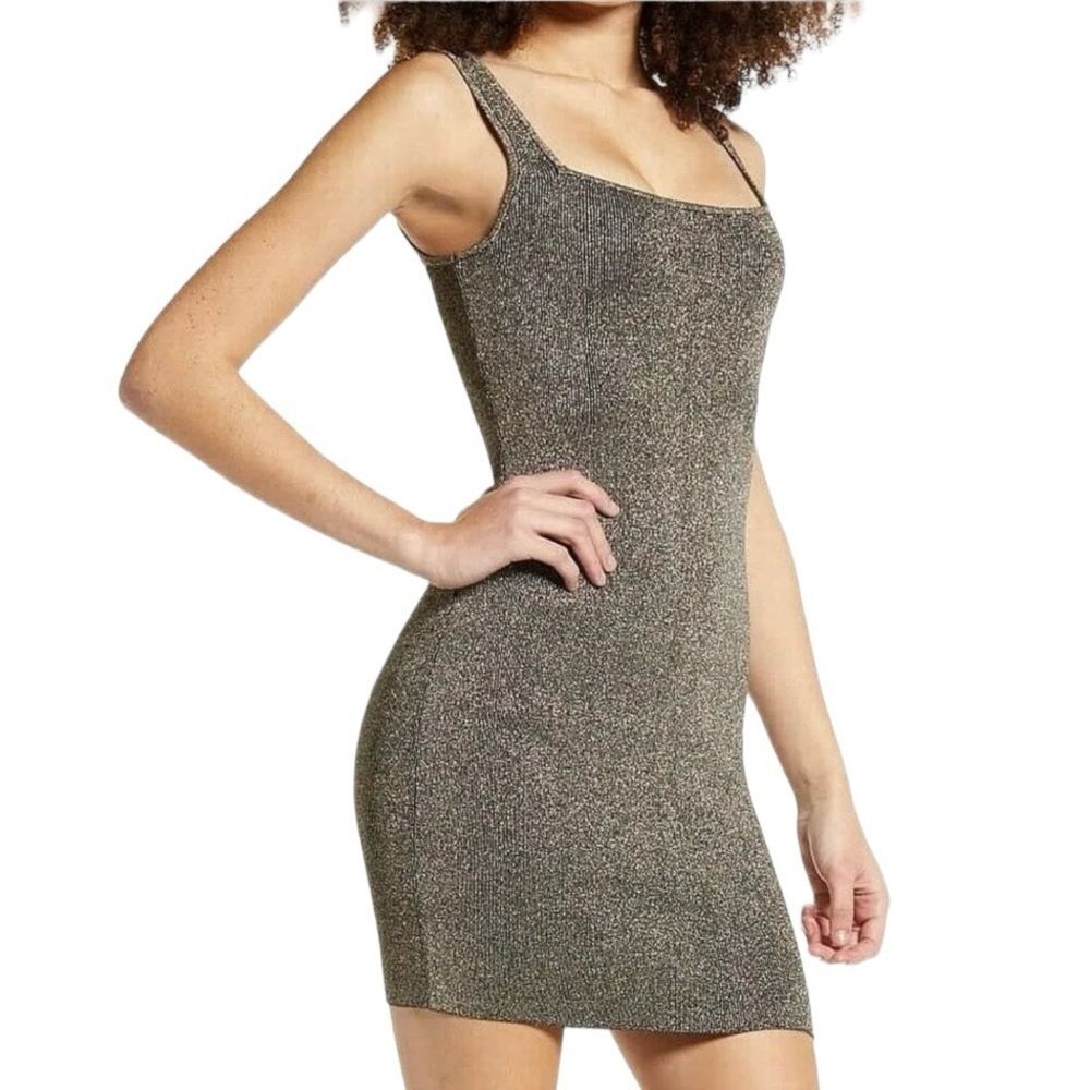 Leith Sleeveless Metallic Gold Sweater Mini Dress